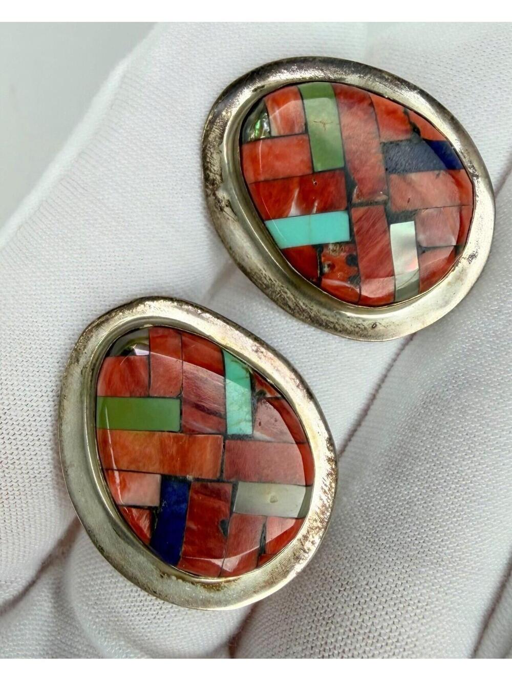 Zuni JLR Joe Lovato Rean Turquoise Earrings Silver inlay MOP Red Coral Lapis